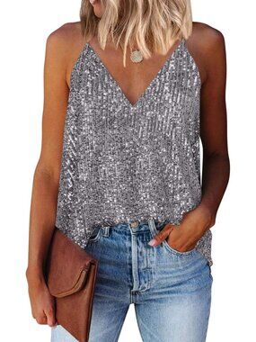 Sparkly Sequin V-Neck Tank Top for Women - Summer Glam Casual Wear